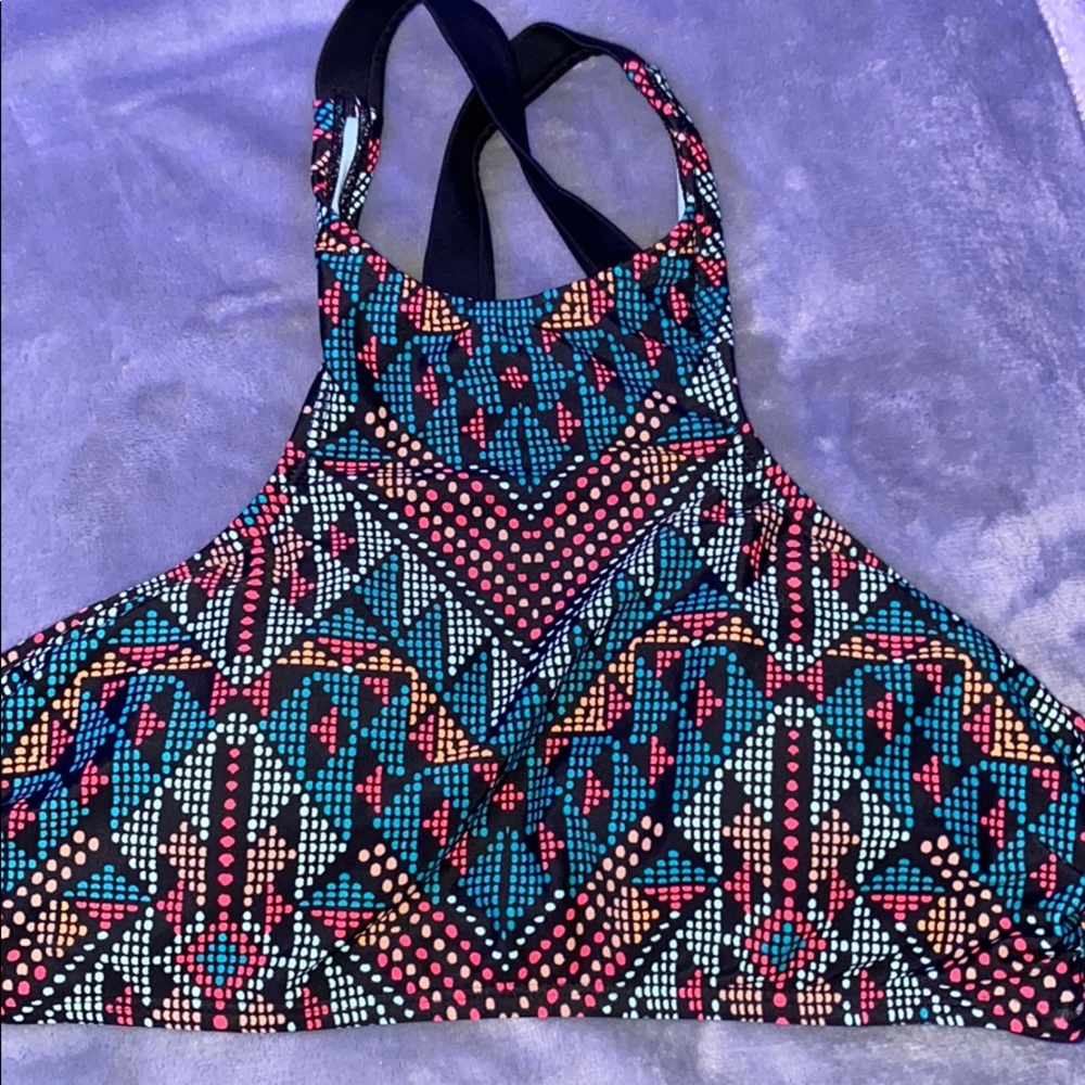 Neon Geometric Patterned High Neck Bikini Top